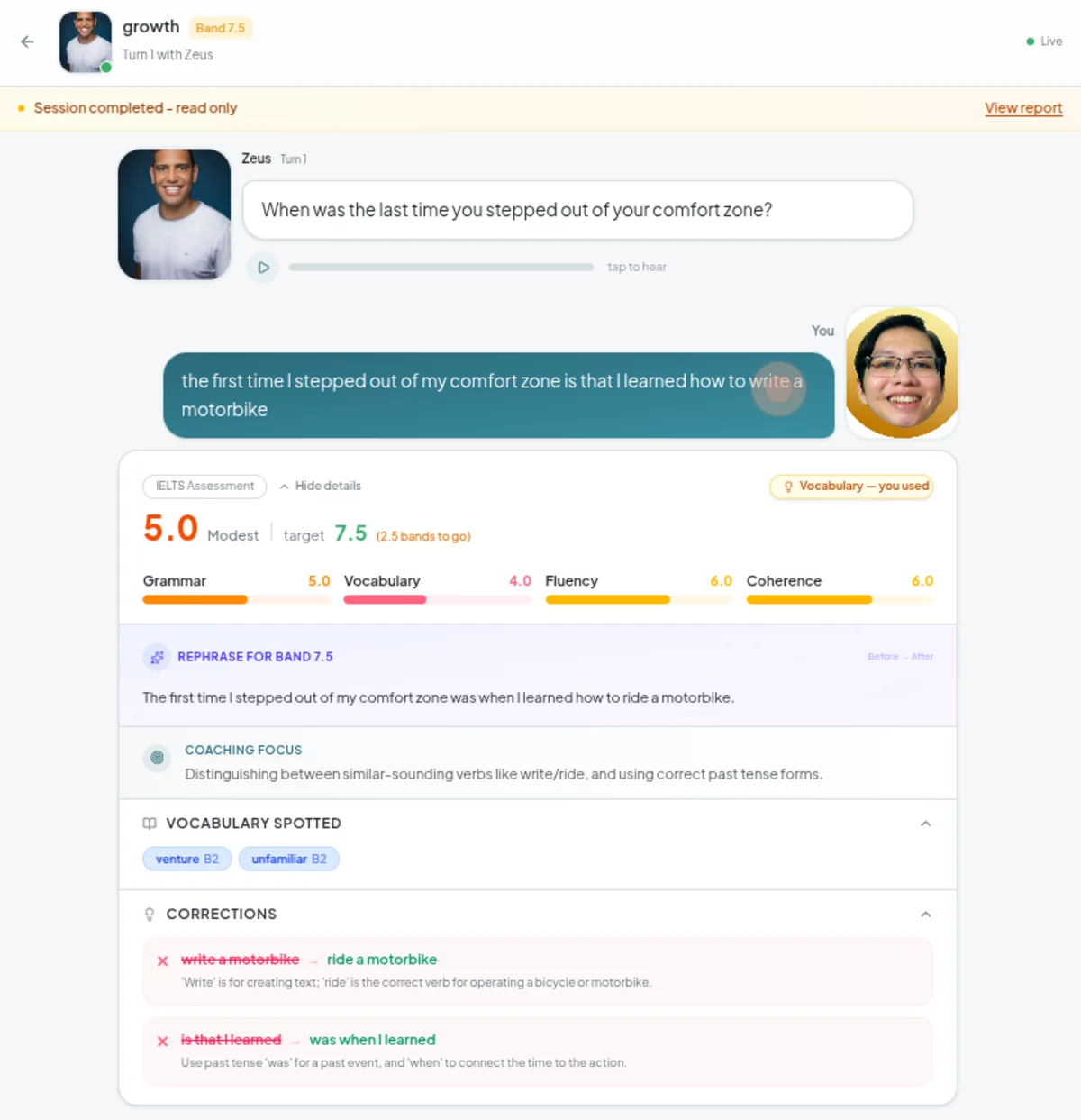 SpeakEn conversation view with AI coach, real-time scores, and corrections