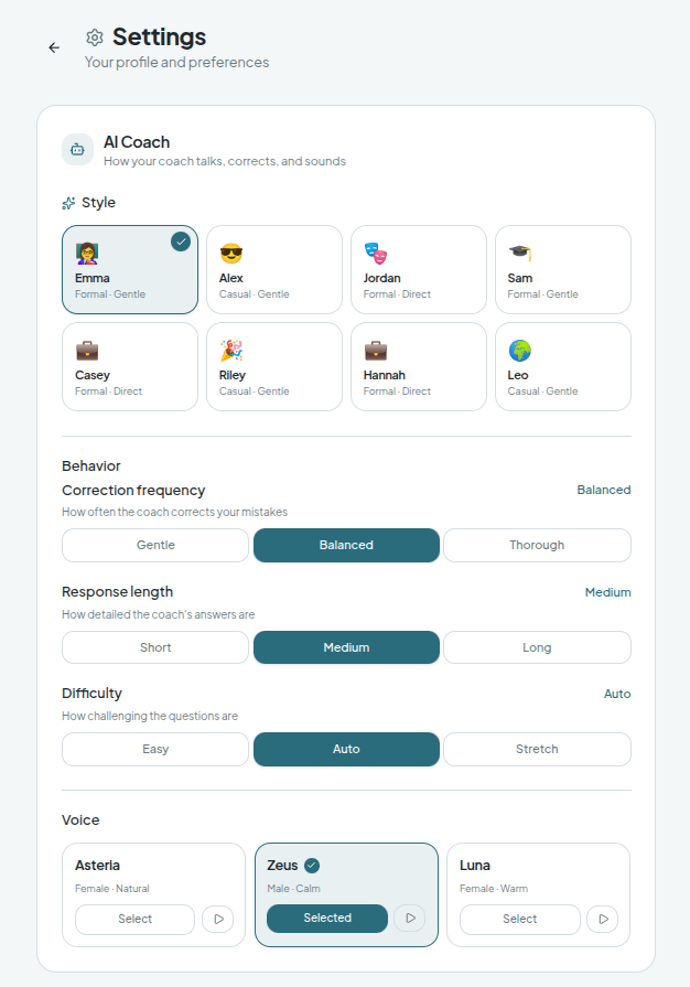 SpeakEn AI coach settings panel showing style presets and voice selection