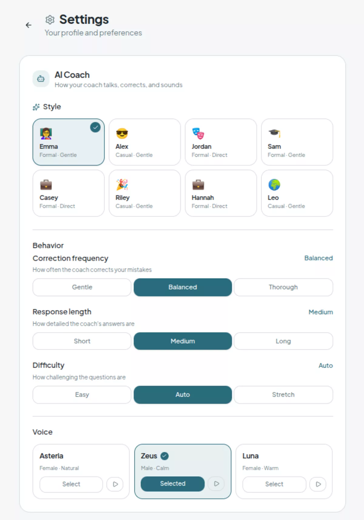 SpeakEn AI coach settings panel showing style presets and voice selection